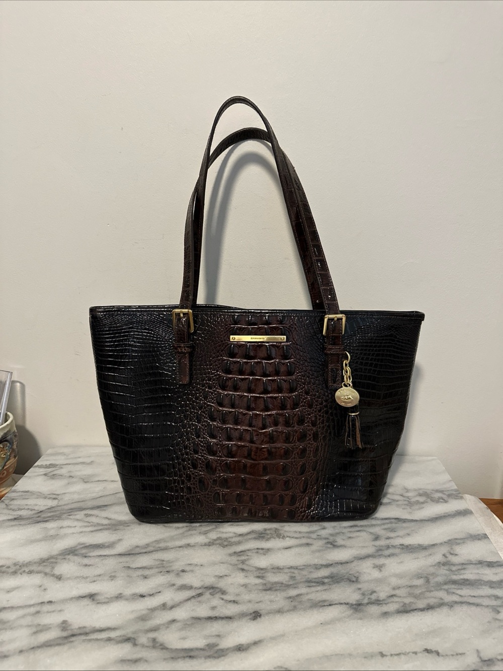 Brahmin  Croc Leather Tote Bag in Dark Brown